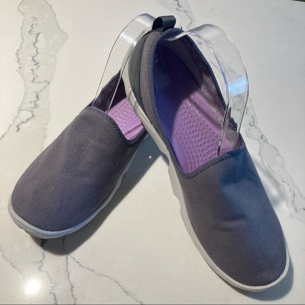 CROCS Sz 11  Busy Day Slip On Removable Insole Canvas Toe Cap Rubber Soles